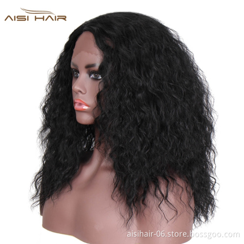 Aisi Hair Wholesale Hot Selling Shoulder Length Fluffy Curly Fiber Pre Plucked Synthetic Hair For Black Women Lace Front Wig
